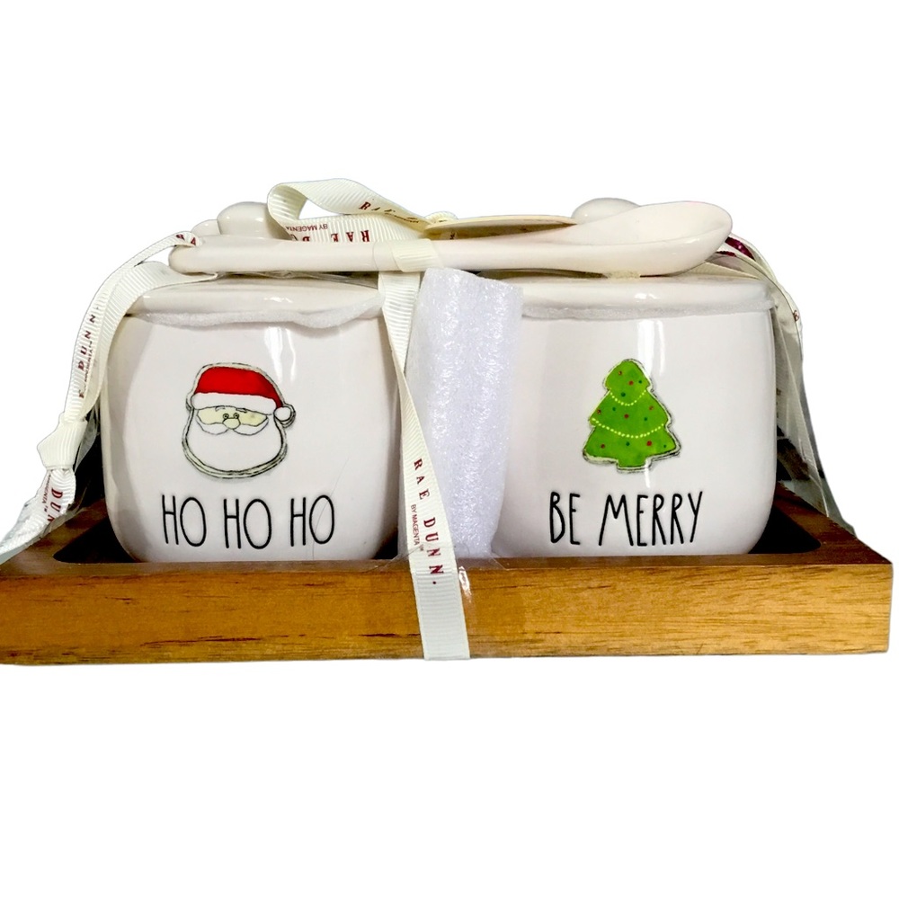 Rae Dunn Christmas "HO HO HO" and "BE MERRY" Jam and Jelly Set w/ Spoons…